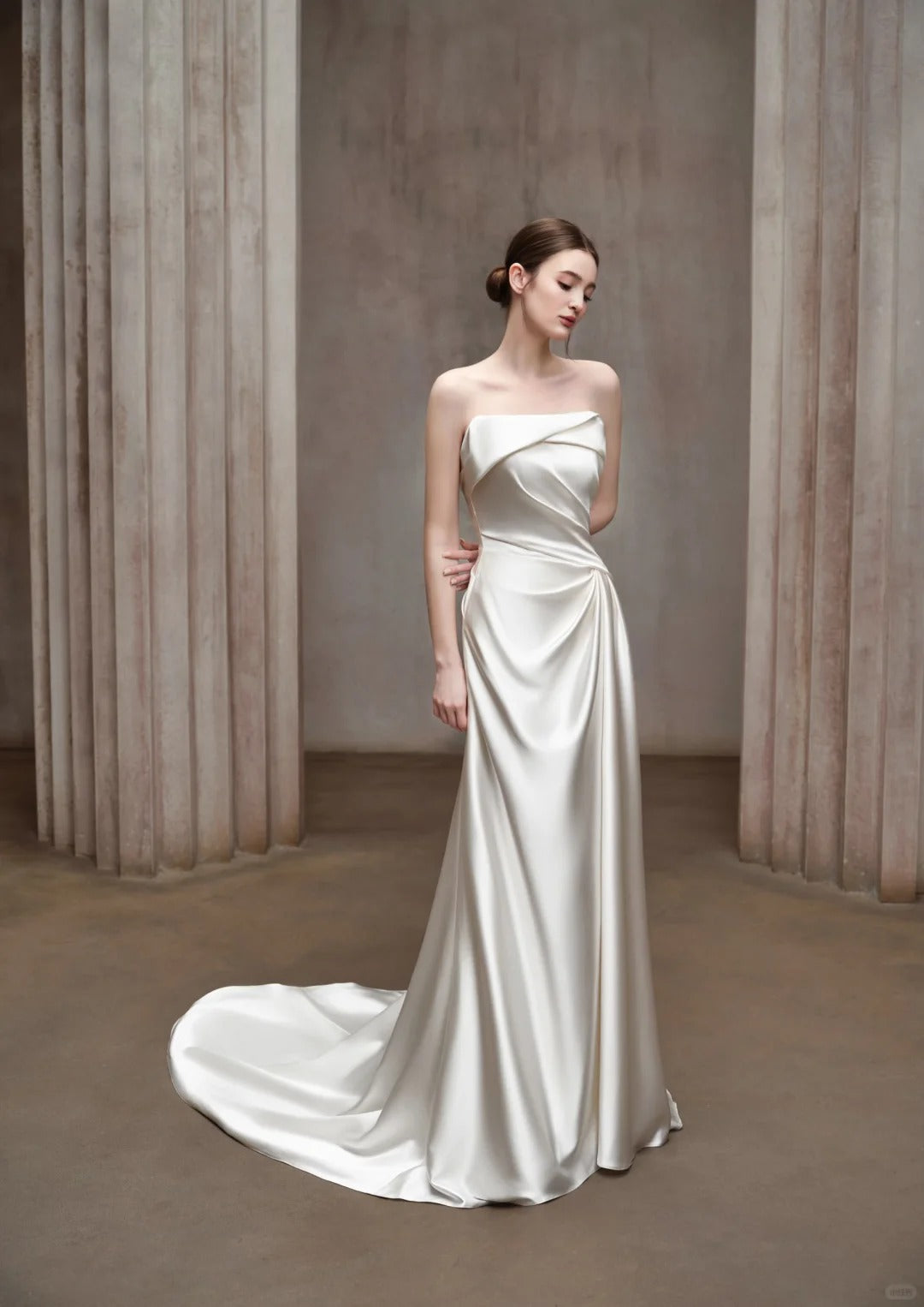 Elegant Sheath Strapless Long Wedding Dress Satin White Prom Dress MD504