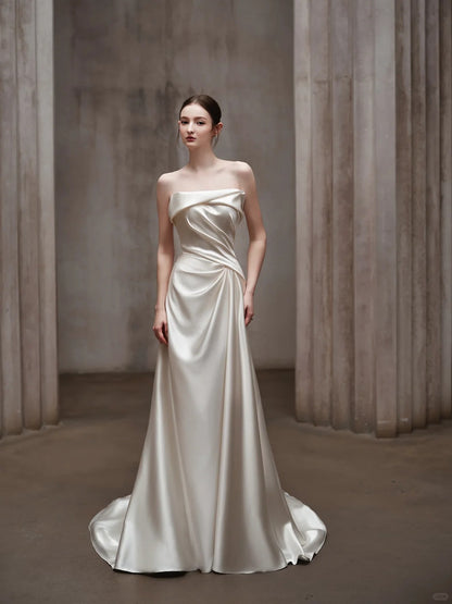 Elegant Sheath Strapless Long Wedding Dress Satin White Prom Dress MD504
