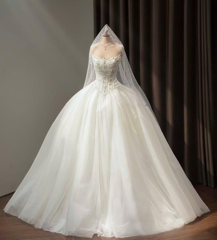 Elegant Ball Gown Off-the-Shoulder Long Wedding Dress Beaded Tulle White Prom Dress MD508