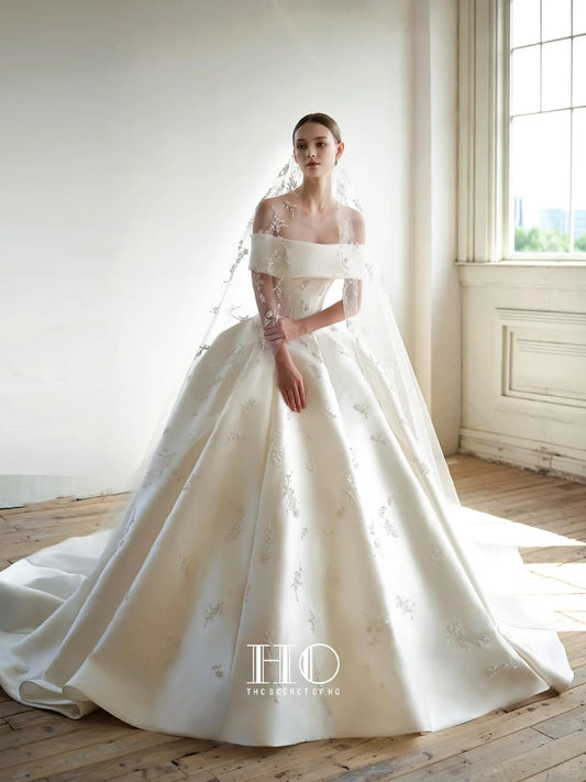 Elegant A-line Off-the-Shoulder Long Wedding Dress Embroidered Satin White Prom Dress MD512