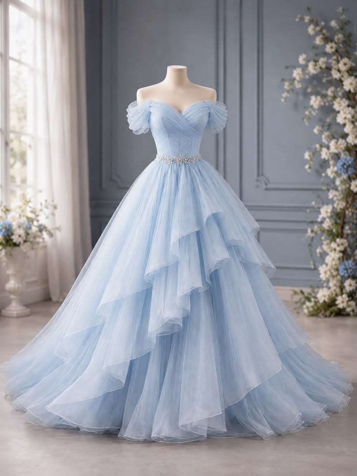 Elegant A-line Off-the-Shoulder Neck Blue Evening Dress Cascade Tulle Prom Dress MD517