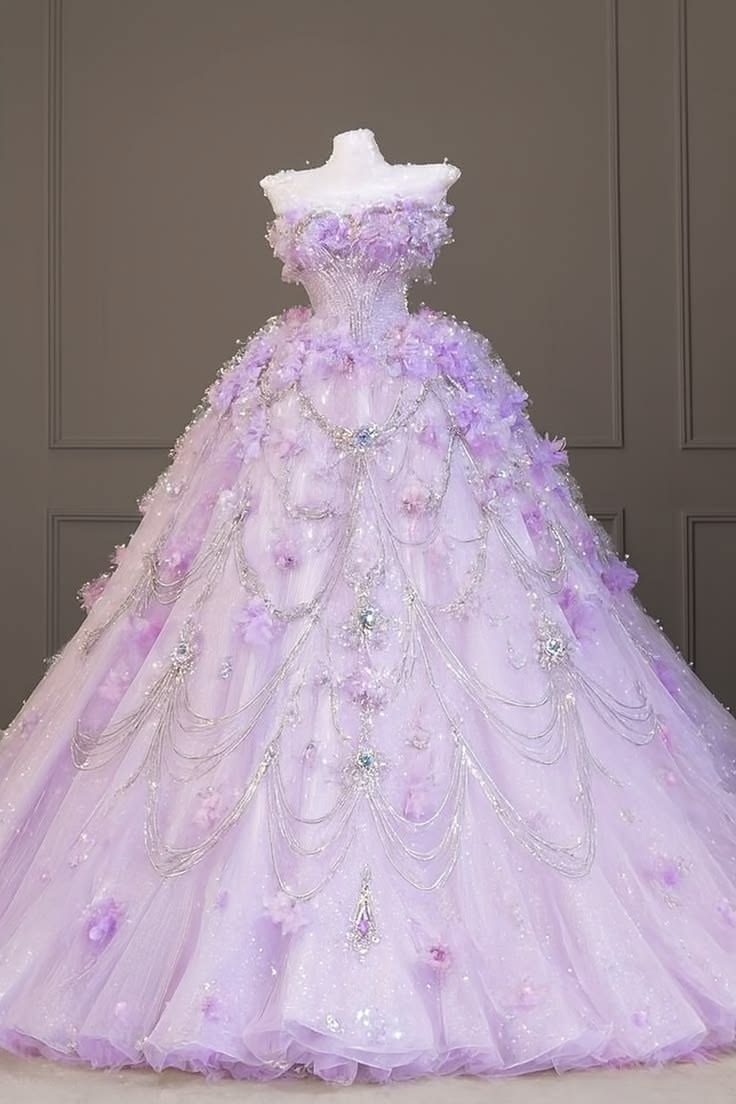 Elegant Ball Gown Strapless Neck Purple Evening Dress 3D floral appliqués Tulle Prom Dress MD519
