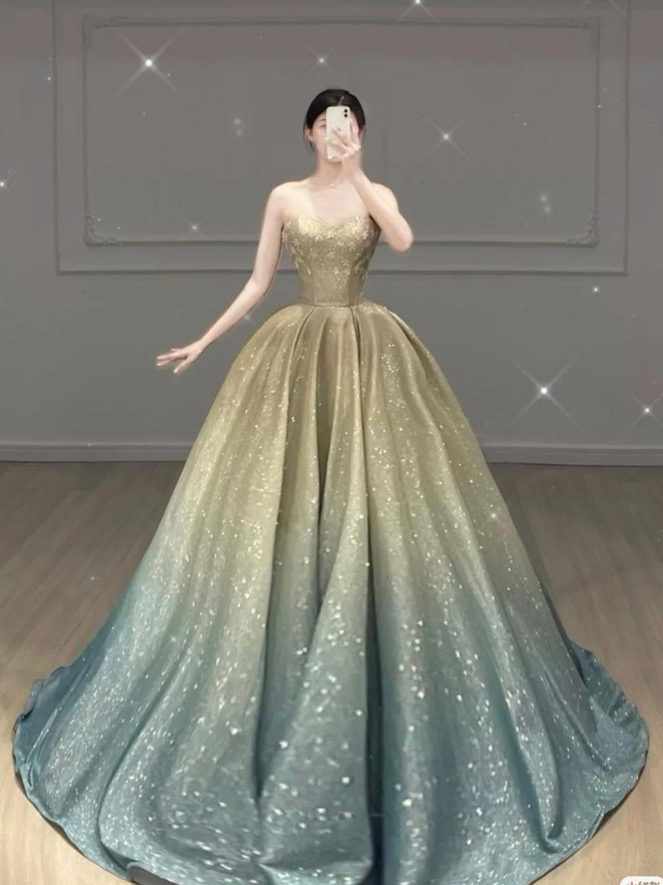 Elegant Ball Gown Sweetheart Neck Green Evening Dress Sequins Satin Prom Dress MD520