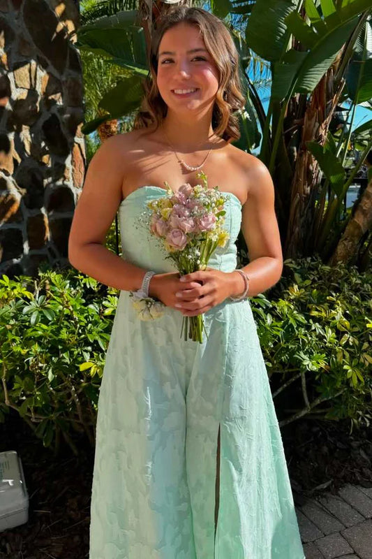 Glamouröses mintgrünes trägerloses Jacquard-Chiffon-Ballkleid mit Schlitz DP8437