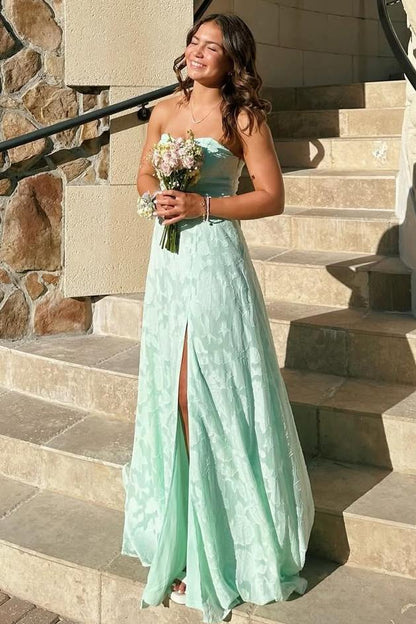 Glamorous Mint Green Strapless Jacquard Chiffon Slit Prom Dress DP8437