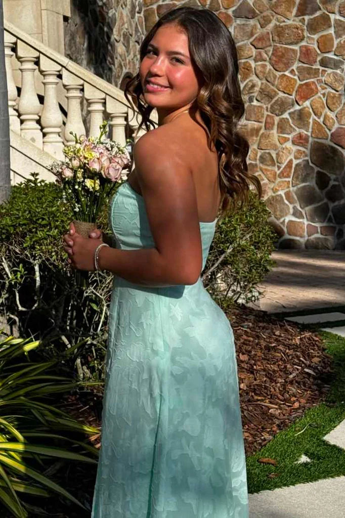 Glamorous Mint Green Strapless Jacquard Chiffon Slit Prom Dress DP8437