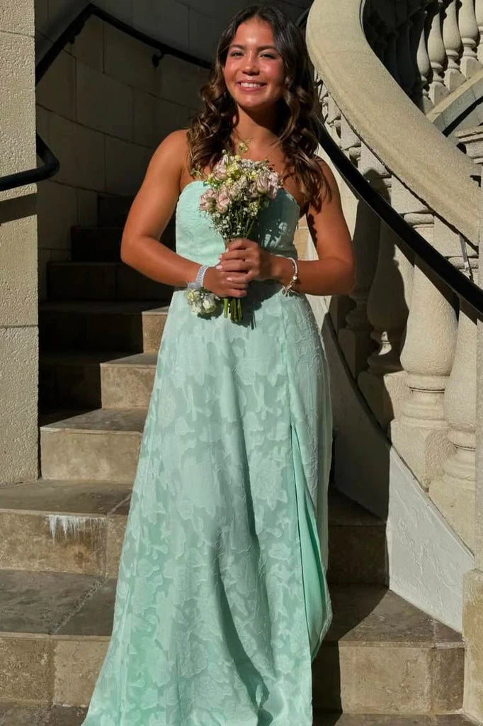 Glamorous Mint Green Strapless Jacquard Chiffon Slit Prom Dress DP8437