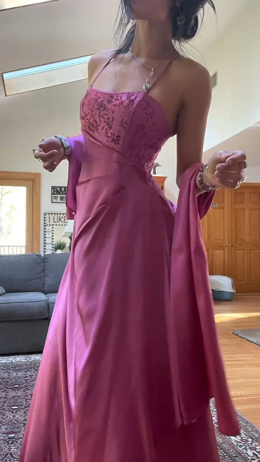 Vintage Hot Pink Spaghettiträger A-Linie Satin Ballkleid Abendkleid DP6367