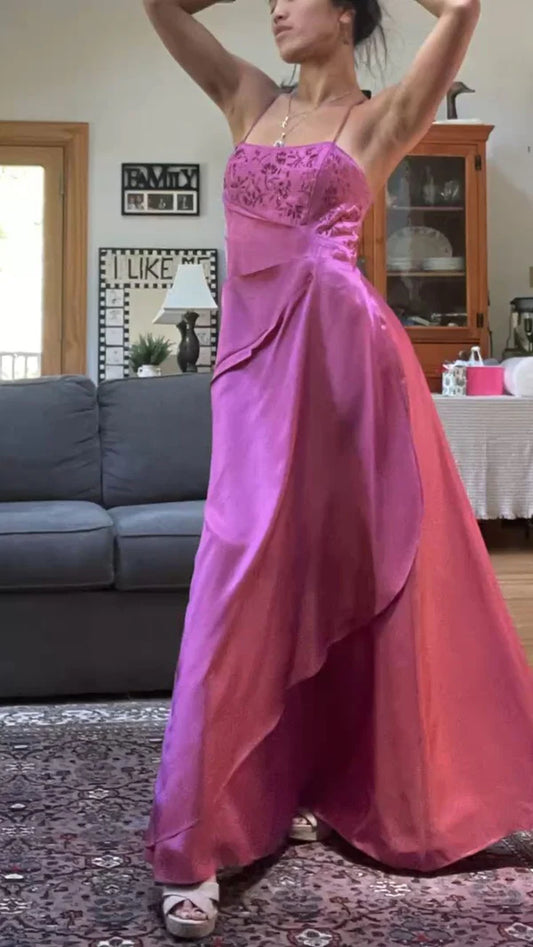 Vintage Hot Pink Spaghettiträger A-Linie Satin Ballkleid Abendkleid DP6367