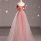 Pink Off Shoulder Tulle A-Line Long Formal Prom Dress, DP4153