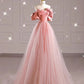 Pink Off Shoulder Tulle A-Line Long Formal Prom Dress, DP4153