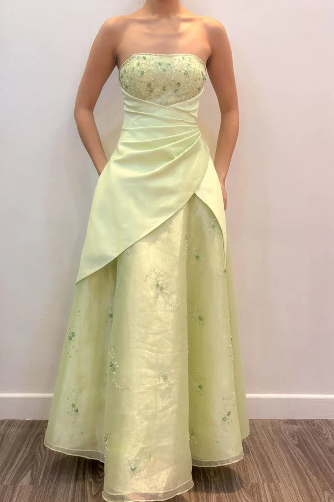 Vintage Pale Green Strapless A-Line Beaded Bodice Ruched Evening Gown DP8448