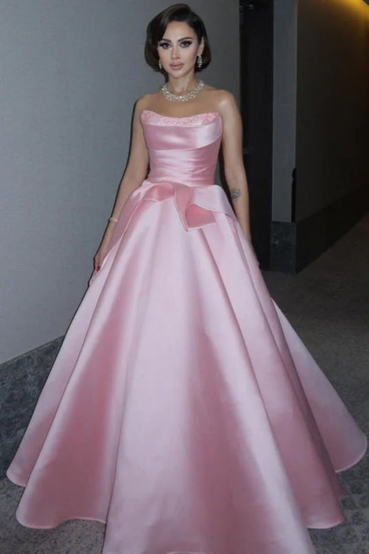 Vintage pinkes trägerloses Satinperlen A-Linien Ballkleid DP8436