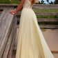 Vintage Hellgelbes trägerloses Chiffon-Ballkleid in A-Linie mit Spitzenapplikationen DP8445