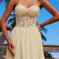 Vintage Hellgelbes trägerloses Chiffon-Ballkleid in A-Linie mit Spitzenapplikationen DP8445