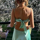 Vintage Mint Green Satin Bow Bust Spaghetti Strap Sheath Prom Dress DP8447
