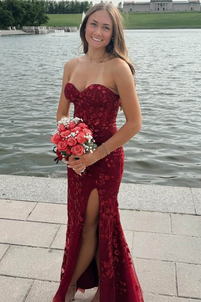 Vintage Burgundy Strapless Sweetheart Lace Mermaid High Slit Prom Dress DP8444