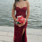 Vintage Burgundy Strapless Sweetheart Lace Mermaid High Slit Prom Dress DP8444