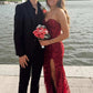Vintage Burgundy Strapless Sweetheart Lace Mermaid High Slit Prom Dress DP8444