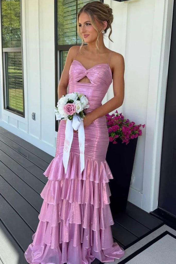 Robe de bal sirène vintage rose à fines bretelles et volants étagés DP8443