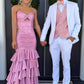 Robe de bal sirène vintage rose à fines bretelles et volants étagés DP8443