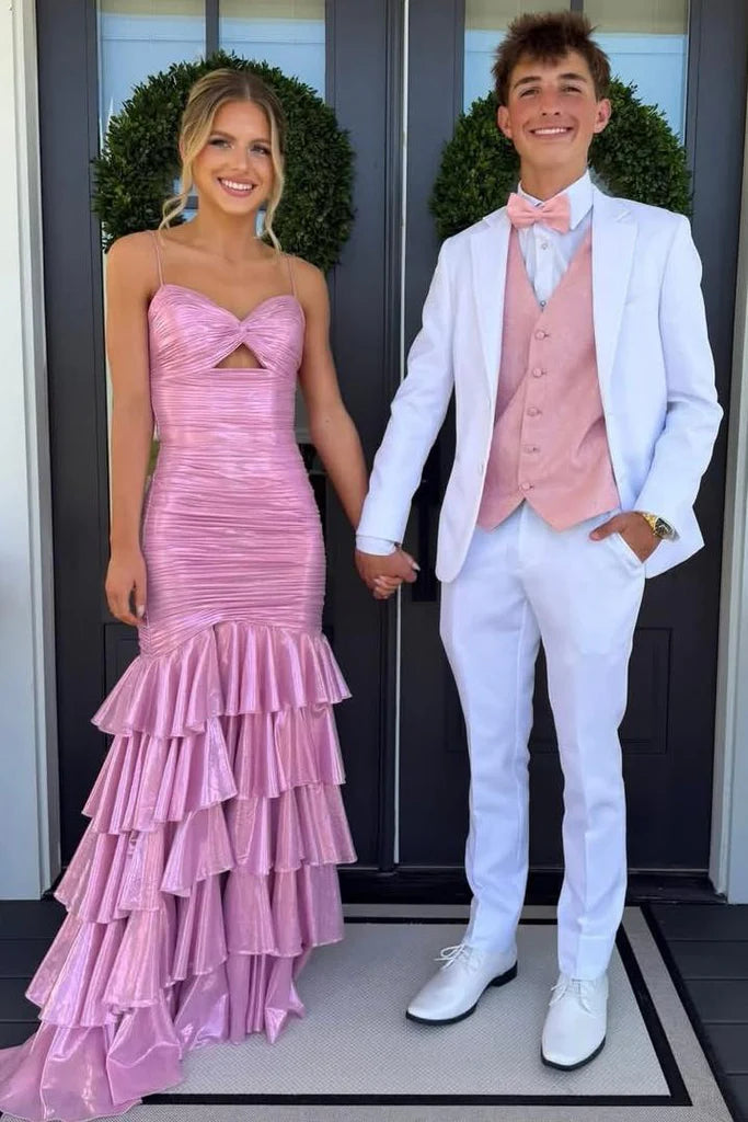 Robe de bal sirène vintage rose à fines bretelles et volants étagés DP8443