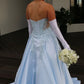 Elegantes hellblaues trägerloses Satin-Spitzenapplikationen & Korsagen-Mieder Quinceanera Ballkleid DP8441