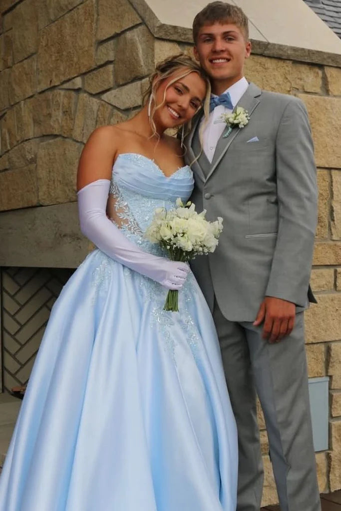 Elegantes hellblaues trägerloses Satin-Spitzenapplikationen & Korsagen-Mieder Quinceanera Ballkleid DP8441