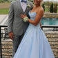 Elegantes hellblaues trägerloses Satin-Spitzenapplikationen & Korsagen-Mieder Quinceanera Ballkleid DP8441