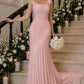 Vintage Pink Chiffon Mermaid Square Neck Ruched Evening Gown DP8440