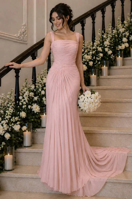 Vintage rosa Chiffon Meerjungfrau-Abendkleid mit eckigem Ausschnitt und Raffungen DP8440