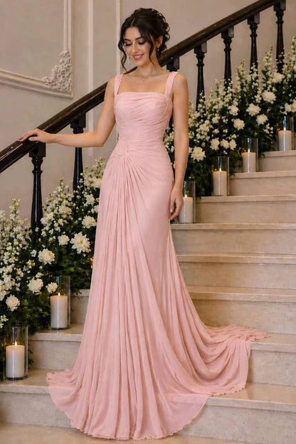Vintage Pink Chiffon Mermaid Square Neck Ruched Evening Gown DP8440