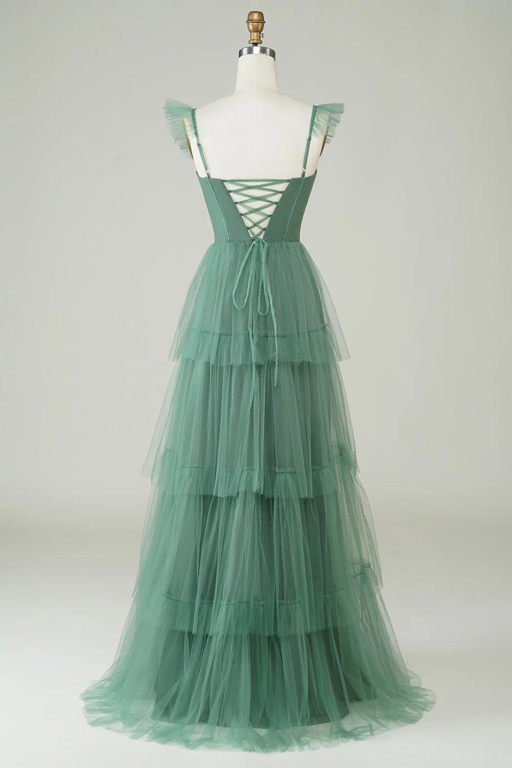 A Line Spaghetti Straps Tulle Tiered Long Prom Dress Bridesmaid Dress, DP2575