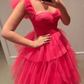 Fuchsia Tiered Ruffles Tulle A-Line Long Party Dress, DP2012