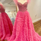 Hot Pink Beaded Feather Off-the-Shoulder Tiered Long Prom Dress with Slit,DP0144
