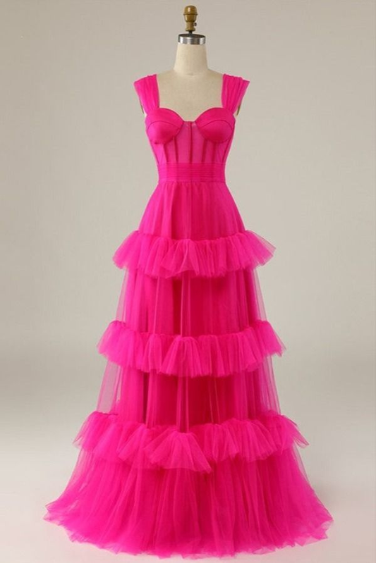 Hot Pink Sweetheart Multi Layers Tulle Prom Dresses Formal Dresses,DP0228