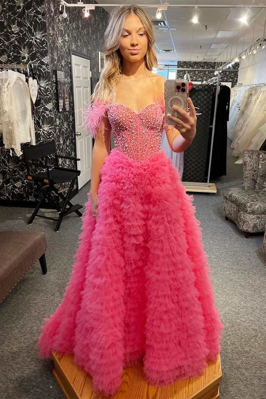 Hot Pink Beaded Feather Off-the-Shoulder Tiered Long Prom Dress with Slit,DP0144