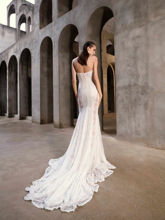 Superbe robe de mariée sirène blanche en dentelle à bretelles spaghetti, robe de bal, robe de soirée DP6570