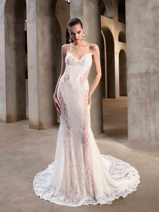 Superbe robe de mariée sirène blanche en dentelle à bretelles spaghetti, robe de bal, robe de soirée DP6570