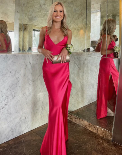 Rose Red V Neck Satin Long prom Dress with Slit, DP2454