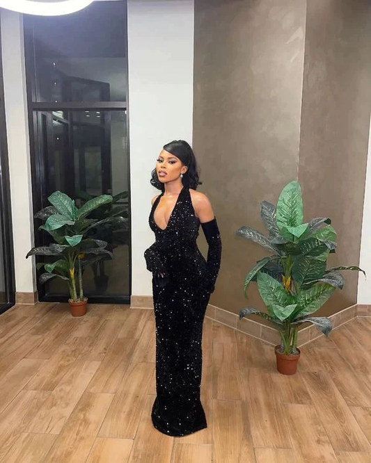 Mermaid Sequin Black Floor Length Black Girl Prom Dresses, DP2369