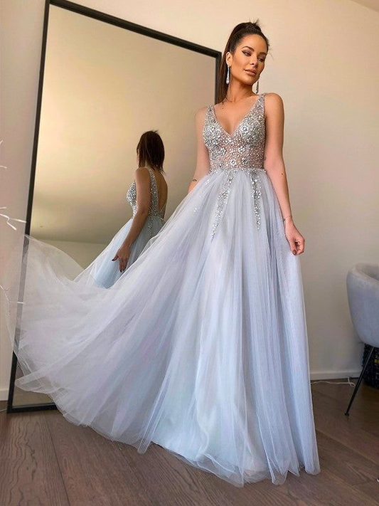 A-Line Princess V-neck Beading Tulle Sleeveless Floor-Length Prom Dresses,DP085