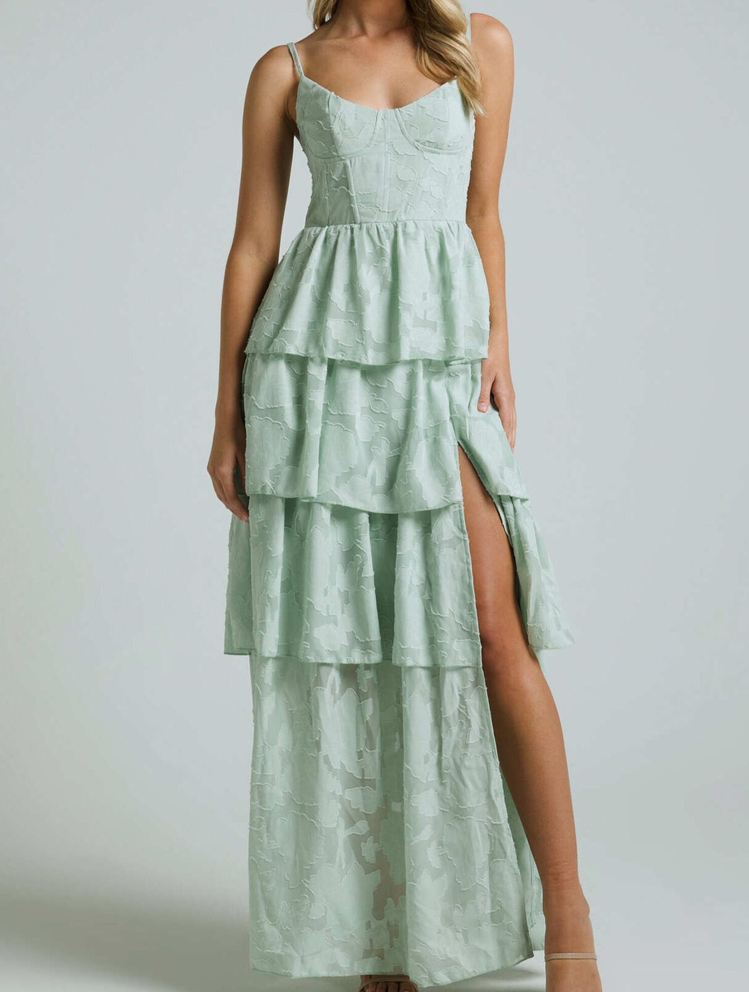 Glamorous Sage Green Jacquard Tiered Maxi Dress Slit Spaghetti Strap Formal Evening Gown DP2586 Glamorous Sage Green Jacquard Tiered Maxi Dress Slit Spaghetti Strap Formal Evening Gown DP2586