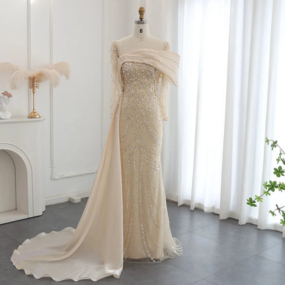 Vintage Glänzendes Perlenbesetztes Langarm-Meerjungfrauen-Abendkleid, DP6536