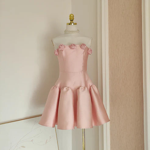Retro Pink 3D Flowers Design A-line Strapless Satin Mini Party Dress Homecoming Dress DP6034