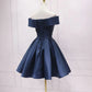 Retro Navy Blue Off-the-shoulder Design A-line Satin Party Dress Homecoming Dress DP6078