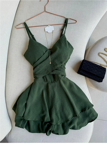 Elegant Dark Green Spaghetti Strap V-Neck Tiered Ruffle A-Line Homecoming Dress DP8725