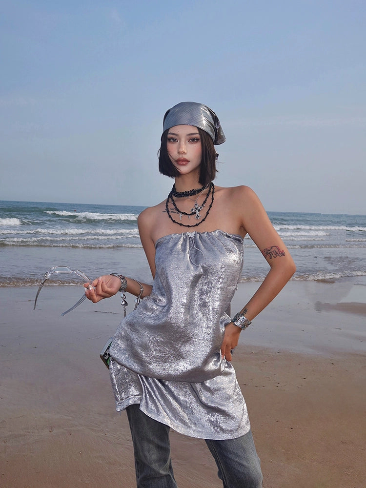 New Fashion Silvery Glitter Strapless Design A-line Party Dress, DP5910