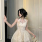 Vintage Ivory Lace A-Line Homecoming Dress Sequin Party Dress Short Halter-neck Cocktail Dress, DP6598