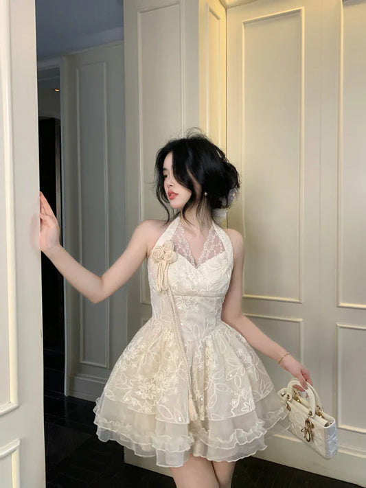 Vintage Ivory Lace A-Line Homecoming Dress Sequin Party Dress Short Halter-neck Cocktail Dress, DP6598